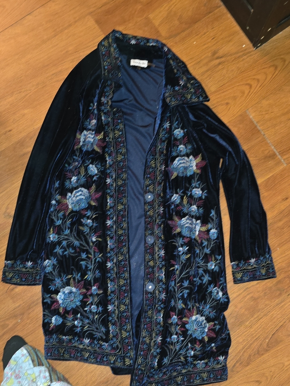 Embroidered Velvet Trench Coat in Deep Navy